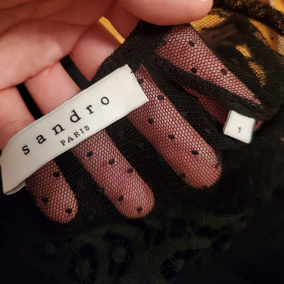 Sandro Paris black dress. Mesh and crochet parts. 3/4 sleeves. Size 1 (4 US). - Picture 4 of 12